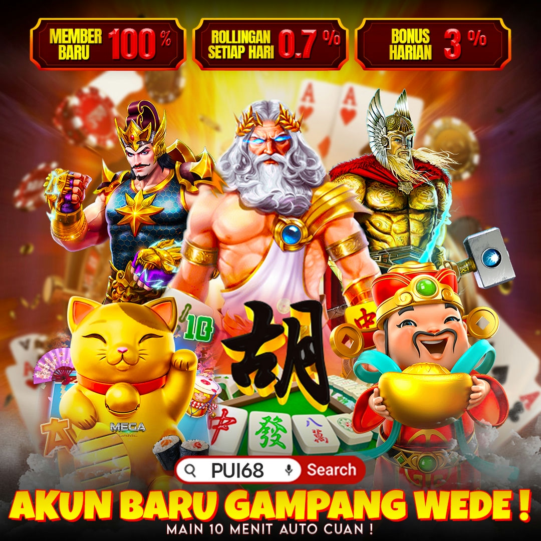 Poster PUI68 bergambar tiga tokoh mitologi, kucing emas, dan karakter dewa kemakmuran