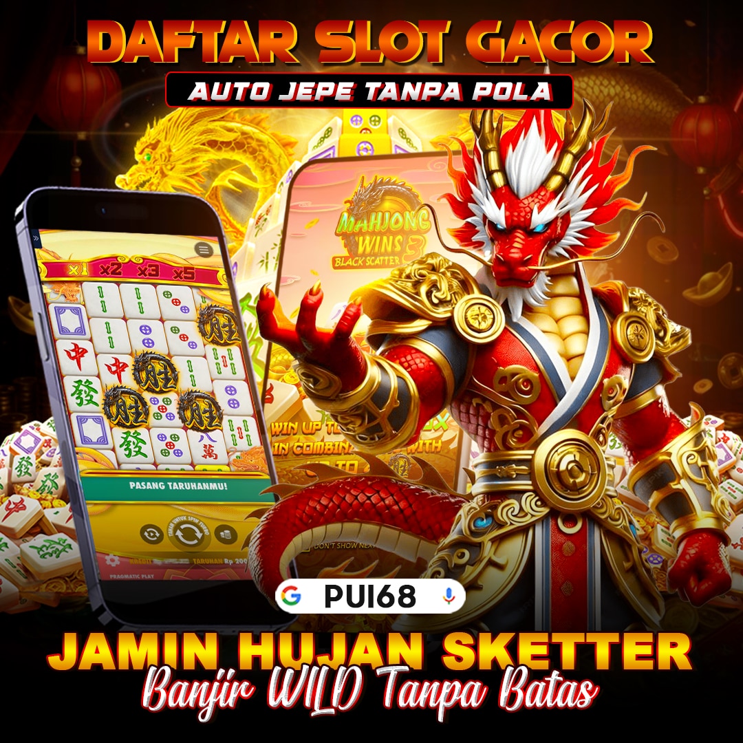 Poster PUI68 dengan naga merah dan emas, layar ponsel, serta latar tema mahjong